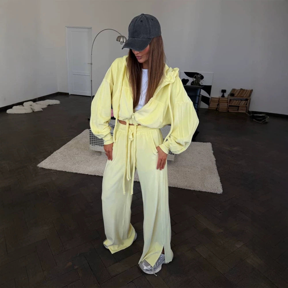 Women's Cropped Hoodie and Highwaist Lounge Pants Set made of French Terry with drawstring Chichicherry