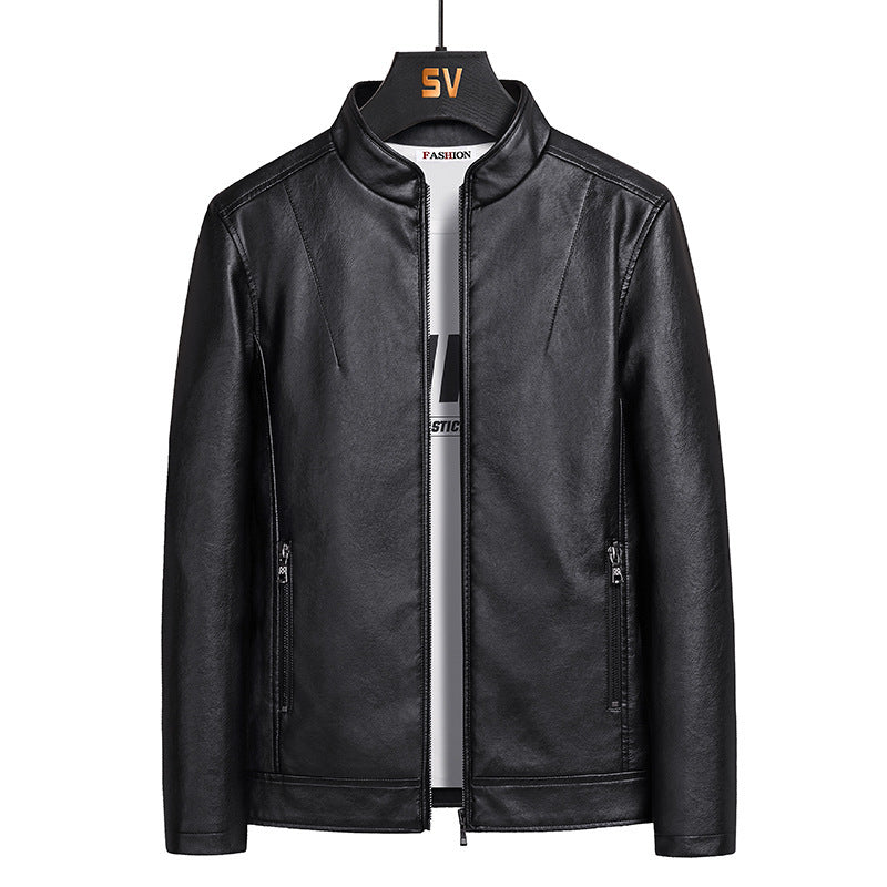 Men's Slim Faux Leather Blouson in Urban Moto Minimal Style with Stand-Up Collar and Hidden Zipper Chichicherry