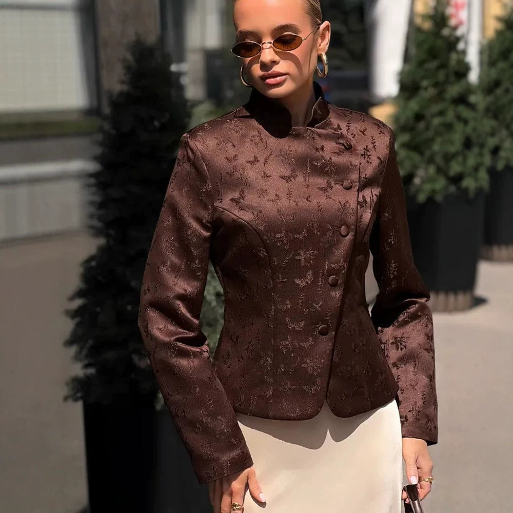 Women's Tailored Jacquard Blazer with Overlapping Lapels and Decorative Buttons Chichicherry