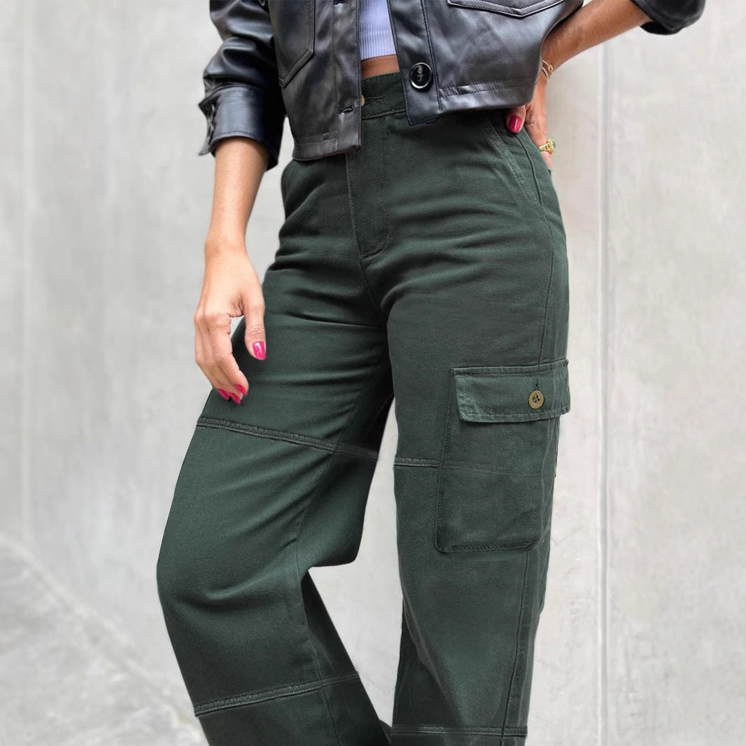 Women's High-Waisted Cargo Palazzo Pants with Seam Segments and Side Flap Pocket Chichicherry