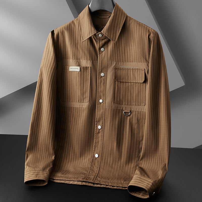 Men's utility transitional jacket in overshirt style with patch pockets and pinstripe texture Chichicherry
