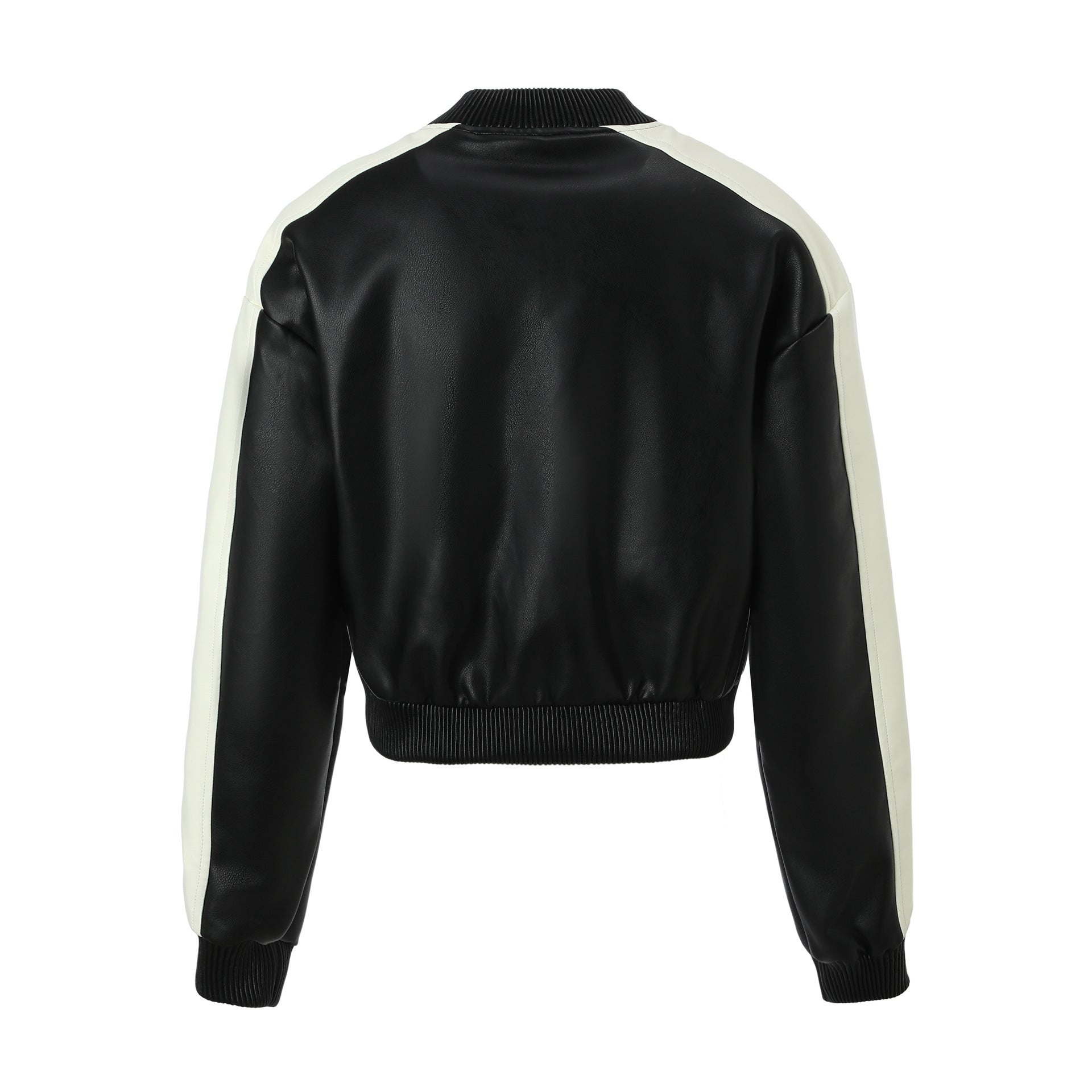 Women Cropped College Bomber Jacket made of faux leather with contrasting stripes and snap buttons Chichicherry