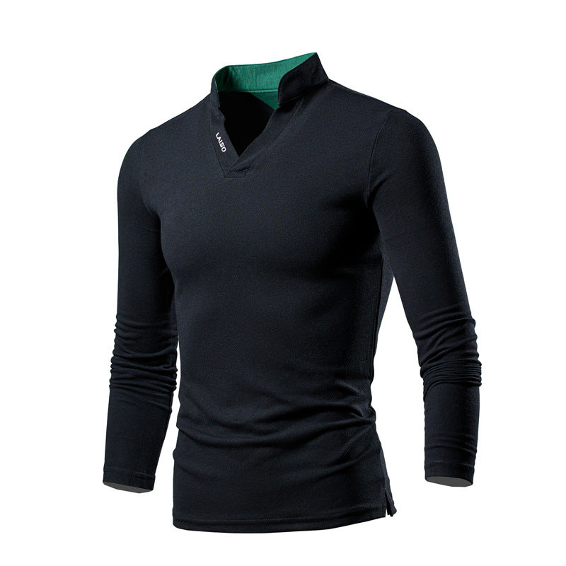 Men's Slim-Fit Long Sleeve Shirt with Stand Collar, Open V-Neck and Functional Stretch Material Chichicherry