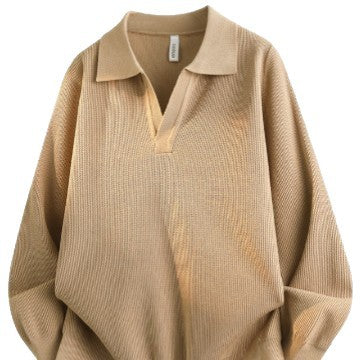 Unisex Oversized Feinstrick-Polo-Pullover mit offenem V‑Ausschnitt und lässiger Silhouette Chichicherry