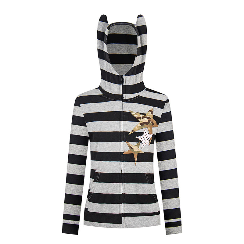 Women's hooded jacket with ears, striped zip cardigan and star appliqués Chichicherry