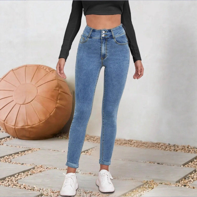 Women High-Waisted Sculpting Skinny Jeans with Double Button and Cuff Detail Chichicherry
