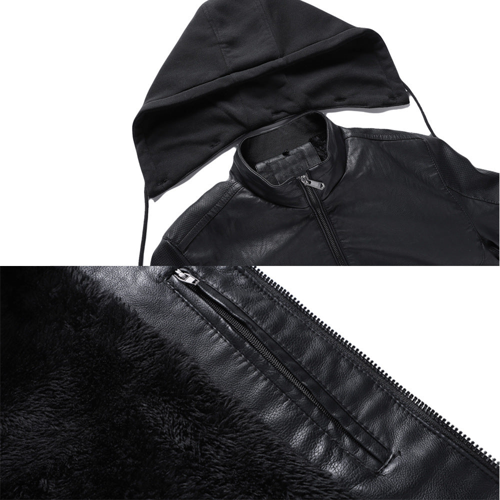 Men's Faux Leather Hoodie Bomber with Teddy Lining, Perforated Sleeves, and Ribbed Cuffs Chichicherry