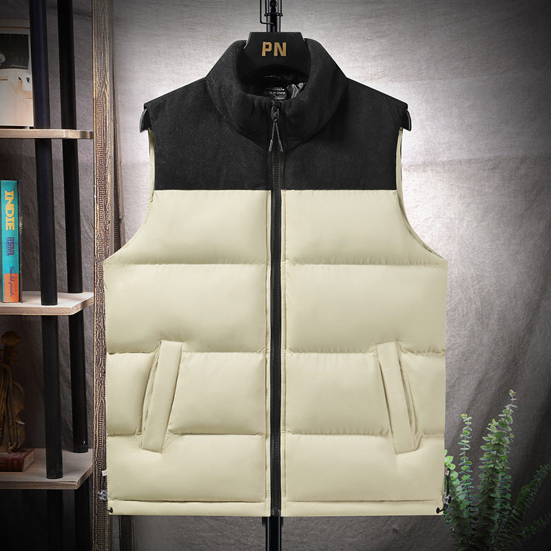 Men's Padded Quilted Vest with High Collar, Cord Shoulder Yoke and Adjustable Side Buckles Chichicherry