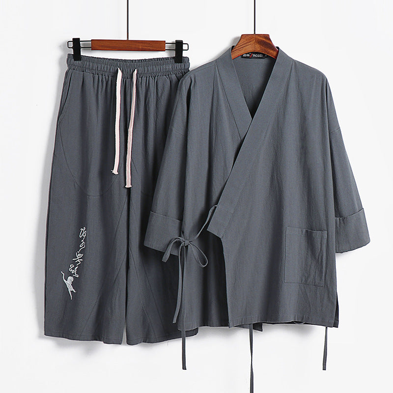 Unisex Lightweight Kimono Loungewear Set made of Cotton-Linen with Embroidered Harem Pants and Tie Belt Chichicherry