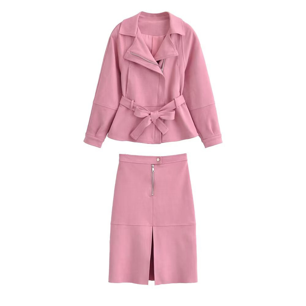 Women's short jacket with belted waist, asymmetrical lapel, and peplum hem Chichicherry