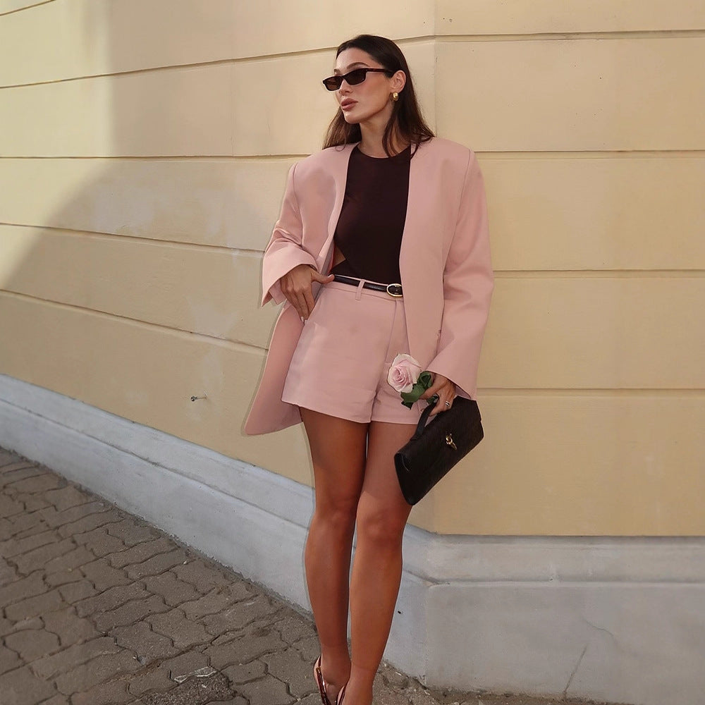 Women Oversized Blazer Set with High-Waist Shorts and Structured Shoulder Part Chichicherry