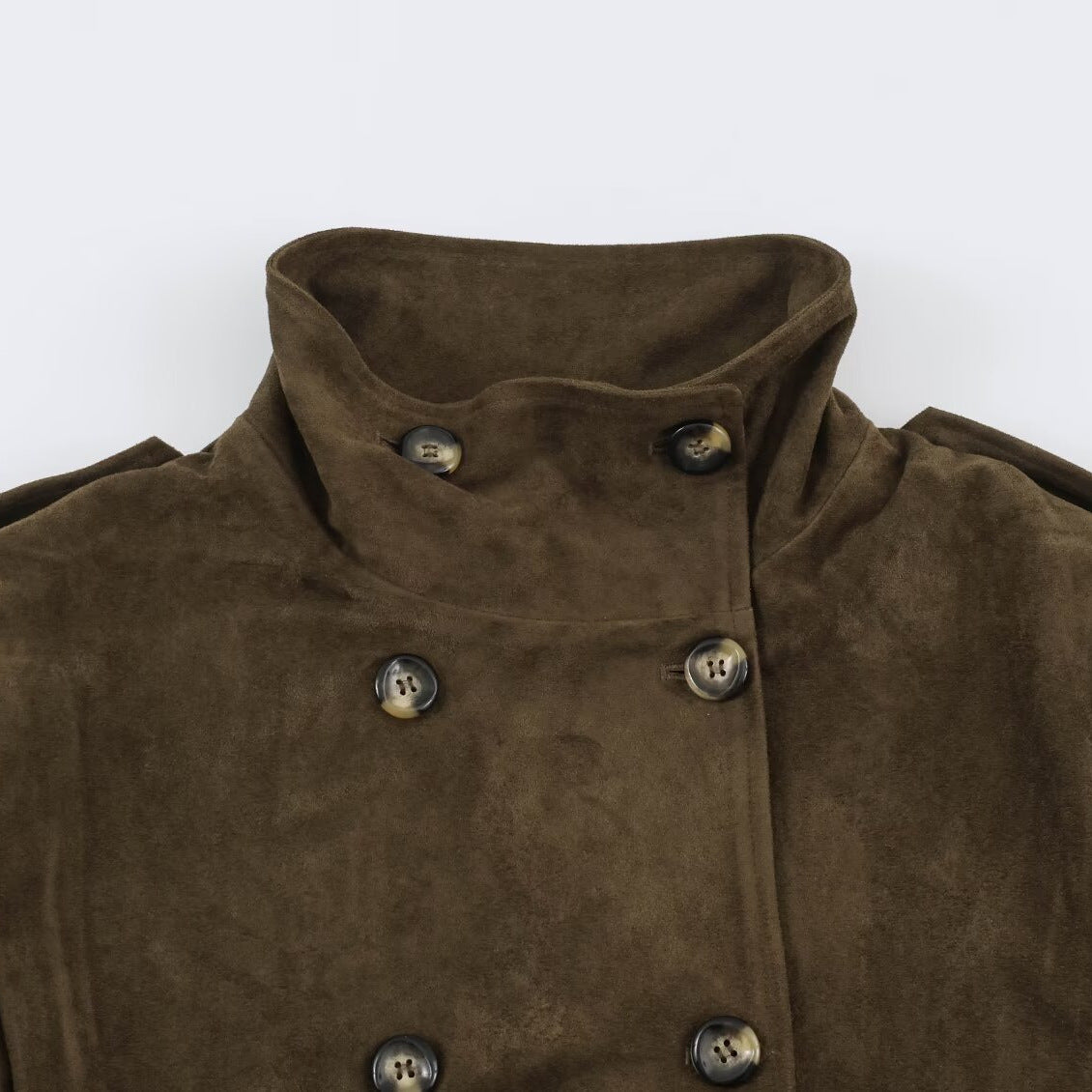Women's Short-Cut Double-Breasted Suede-Look Bomber with Stand-Up Collar and Shoulder Patches Chichicherry