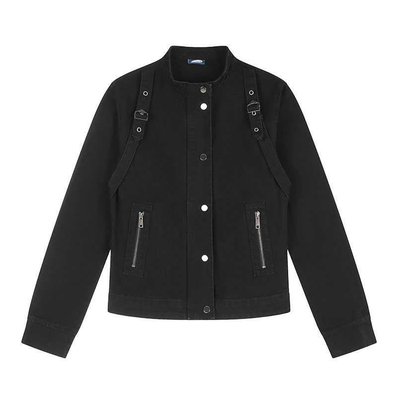 Women's Short Utility Jacket with Stand-Up Collar, Adjustable Shoulder Straps and Snap Closure Chichicherry