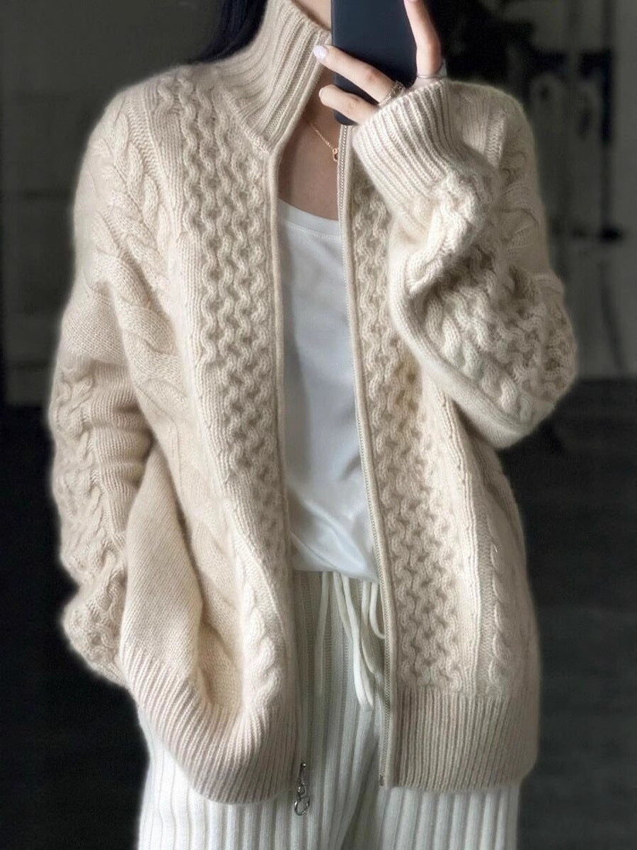 Women's cable knit cardigan with zipper and high ribbed collar Chichicherry