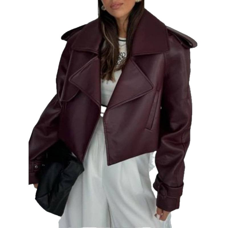 Ladies Cropped Biker Jacket made of faux leather with oversized lapels, adjustable cuffs, and epaulettes Chichicherry