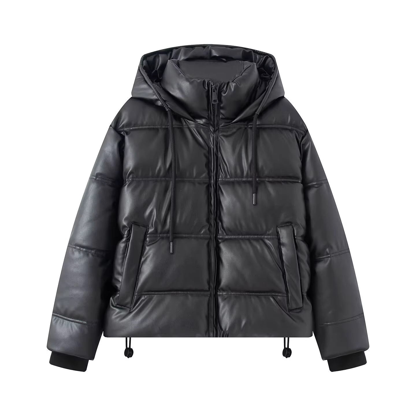 Women's Short Quilted Faux Leather Puffer Jacket with Hood, Drawstring and Side Pockets Chichicherry