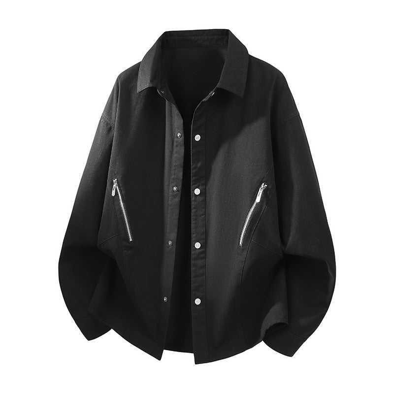 Men's Oversized Shirt Jacket in Worker Style with Angled Zipper Pockets and Snap Placket Chichicherry