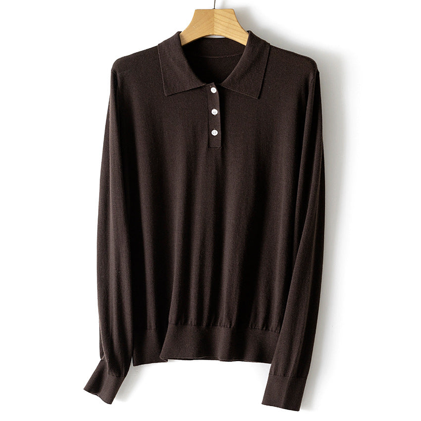 Women's fine-knit polo sweater with button placket, lightweight drape and ribbed cuffs Chichicherry