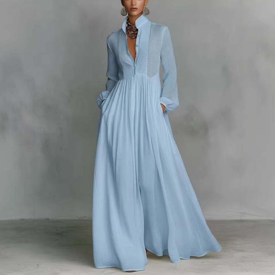 Damen Maxikleid mit Stehkragen, Knopfleiste und seitlichen Taschen Chichicherry
