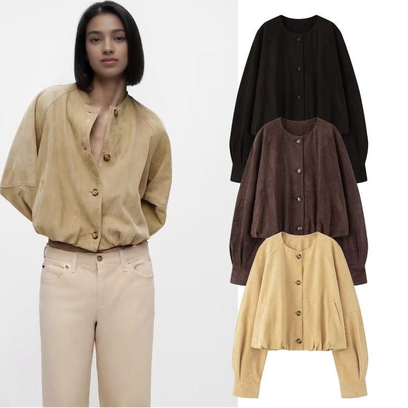 Women Short Blouson Jacket in Cropped Look with Round Neckline and Balloon Sleeves Chichicherry