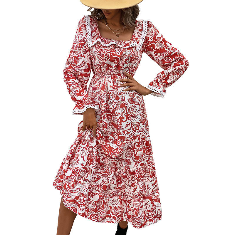 Women's Romantic Midi Dress in Boho Style with Square Neckline, Lace Trim and Waist Drawstring