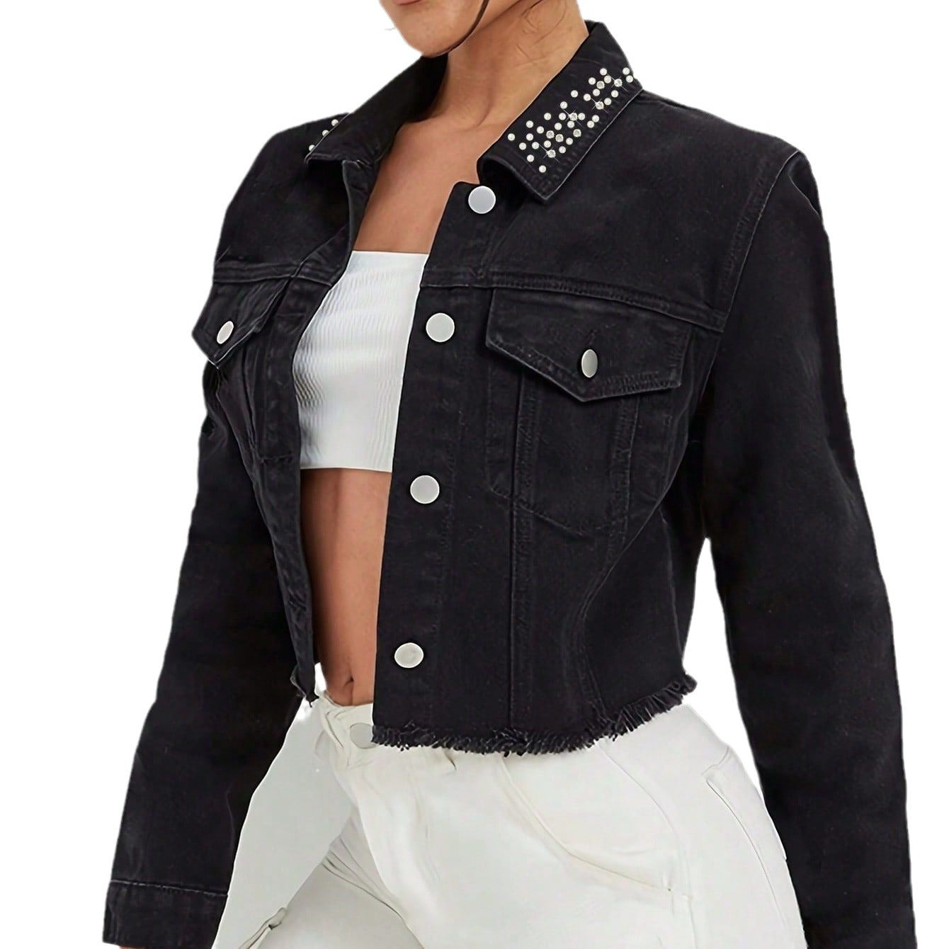 Women Cropped Denim Jacket with Beaded Collar and Raw Fringe Hem Chichicherry