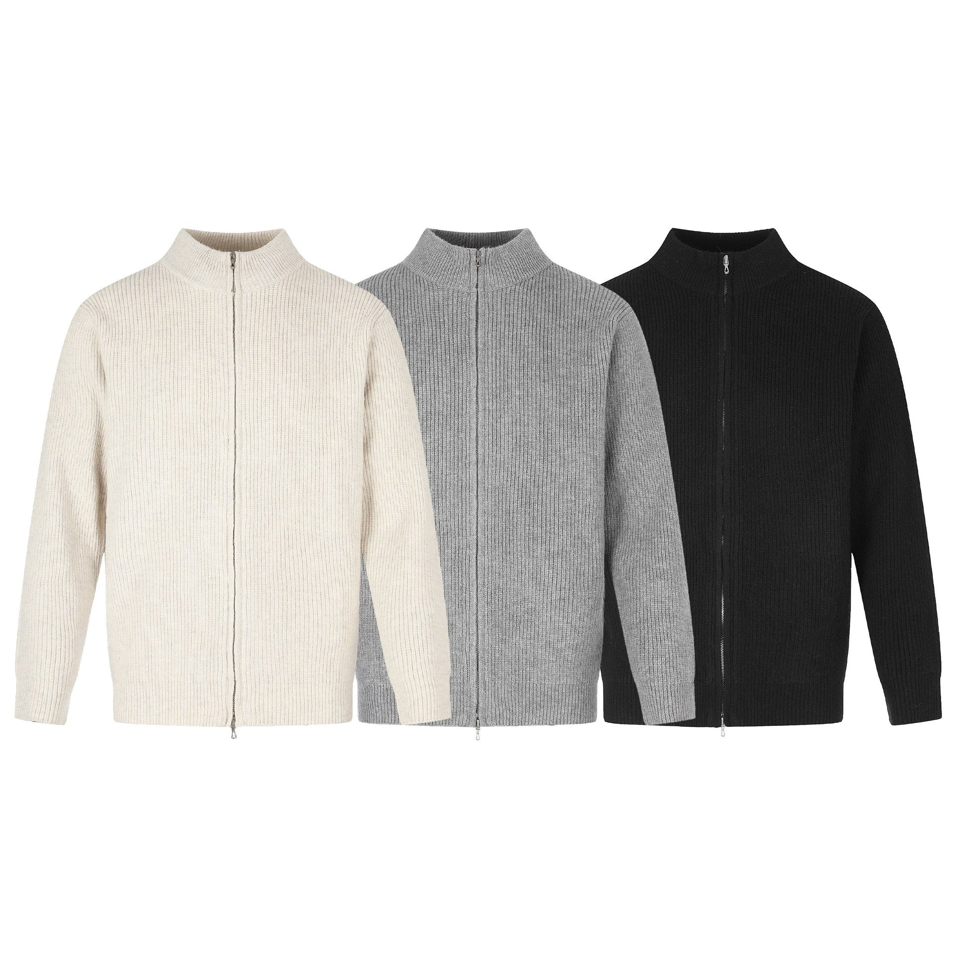 Unisex Ribbed Knit Cardigan with Stand-Up Collar, Two-Way Zipper and Ribbed Texture Chichicherry