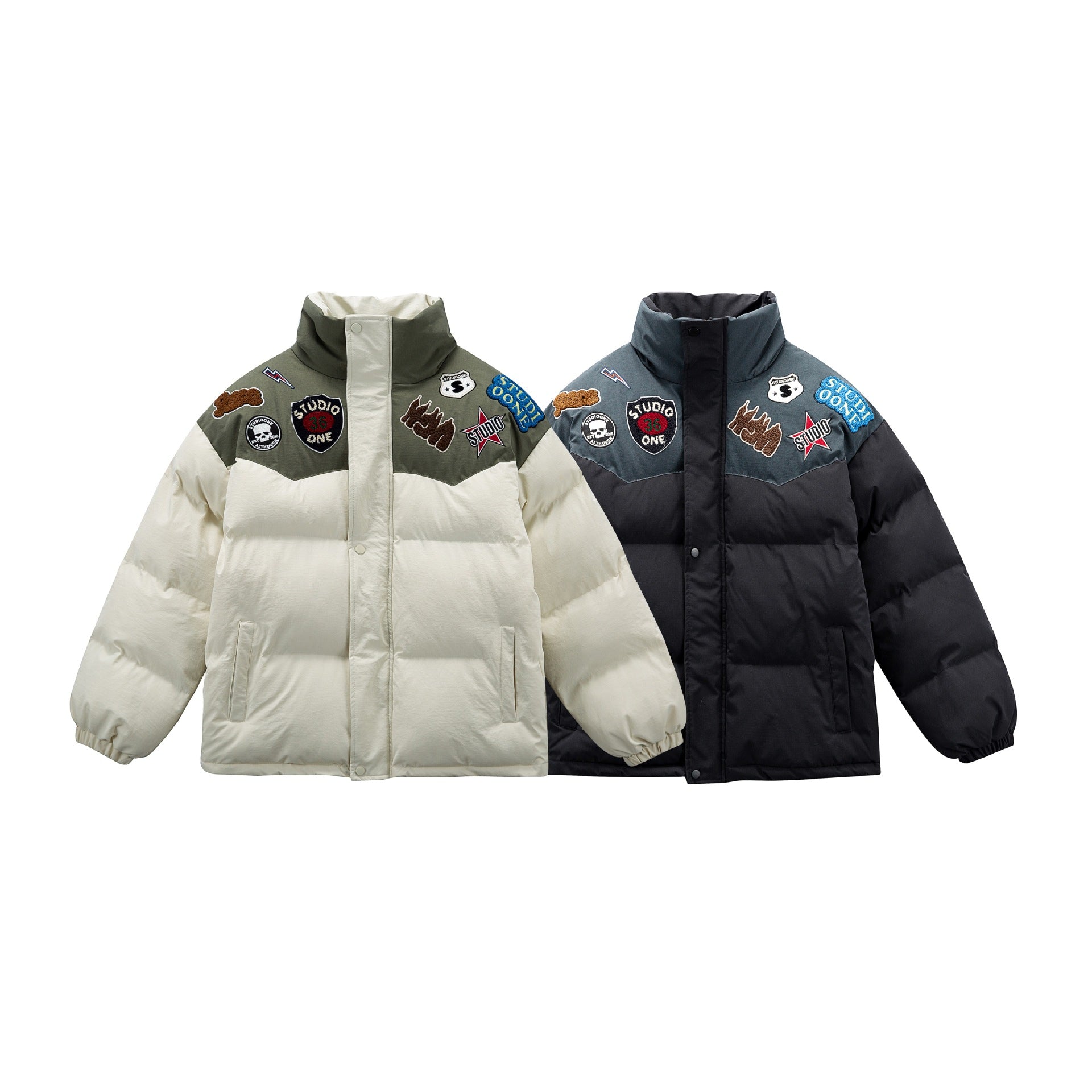 Unisex Padded Puffer Jacket with Embroidered Patch Applications Chichicherry