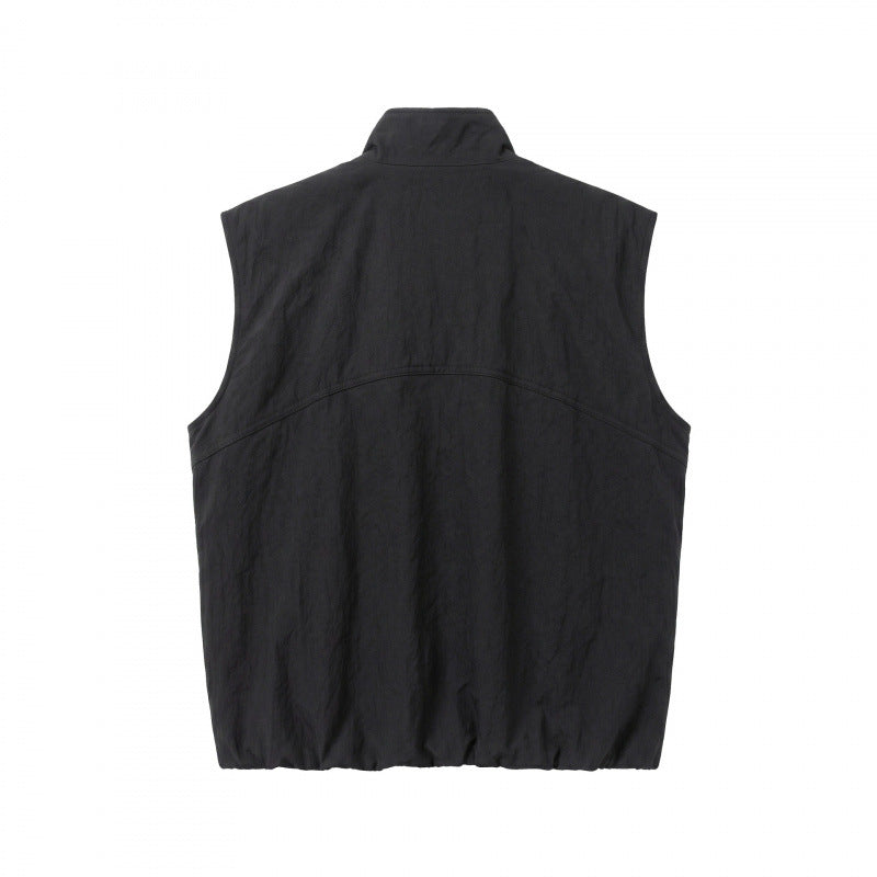 Unisex Boxy Padded Sleeveless Vest with High Stand-Up Collar, Hidden Snap Button Placket and Flap Pockets Chichicherry