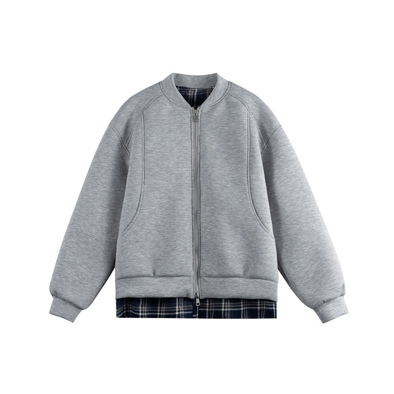 Women Two-in-One Bomber Sweat Jacket with Check Layer Insert and Stand Collar Chichicherry