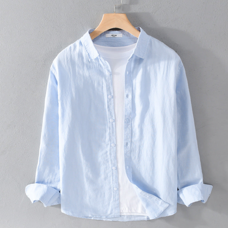 Men's Linen Blend Layering Overshirt with Kent Collar, Rounded Hem and Soft-Touch Chichicherry