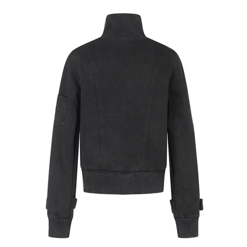 Women Tailored Zip Jacket with High Stand-Up Collar, Decorative Straps & Adjustable Closures Chichicherry