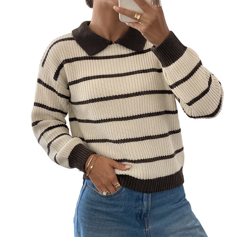 Women's Striped Knit Polo Sweater with Contrast Collar and Loose Oversize Fit Chichicherry