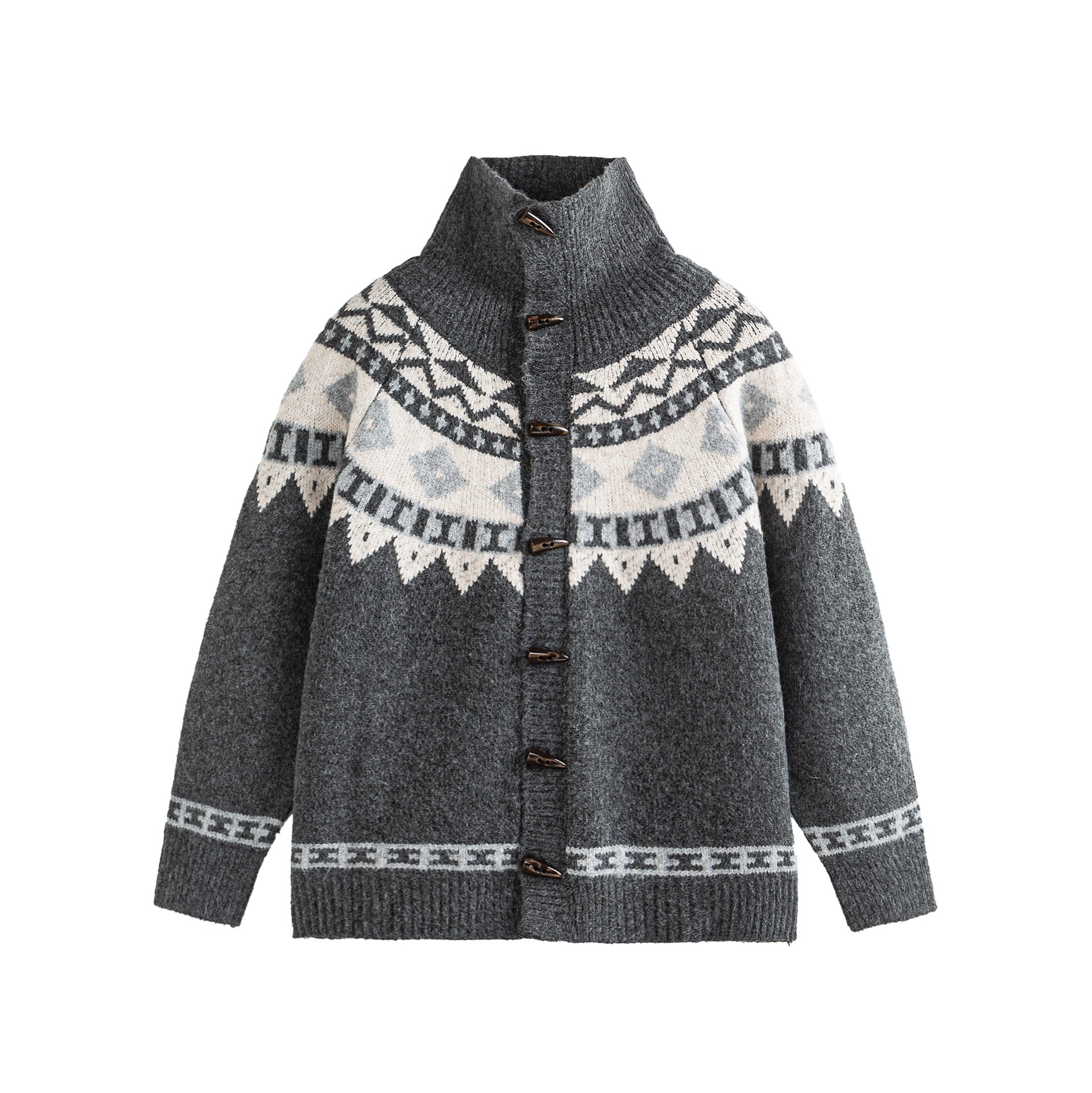 Women's Norwegian pattern knitted cardigan with high stand collar and toggle closures Chichicherry
