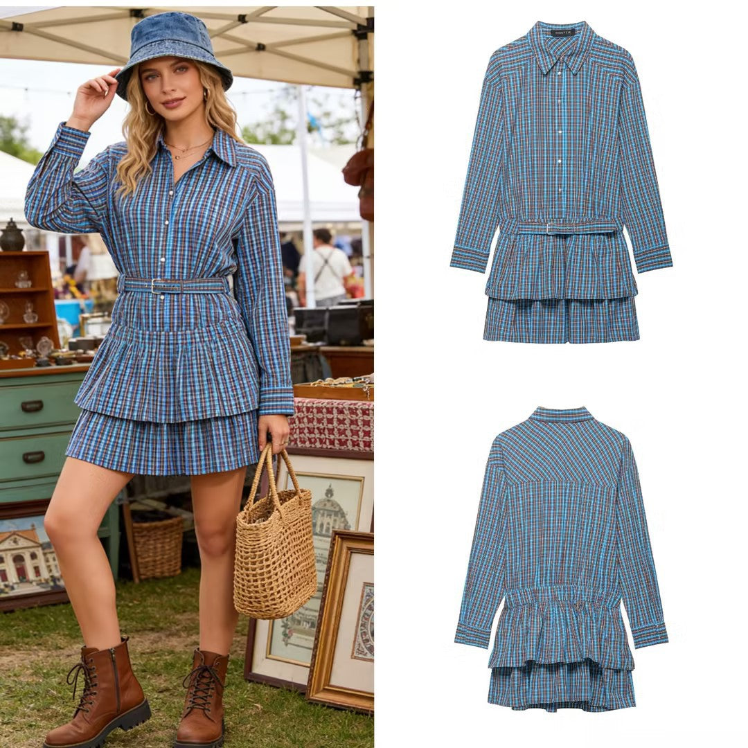 Women's Tailored Shirt Dress in Checkered Pattern with Tying Belt and Tiered Skirt Chichicherry