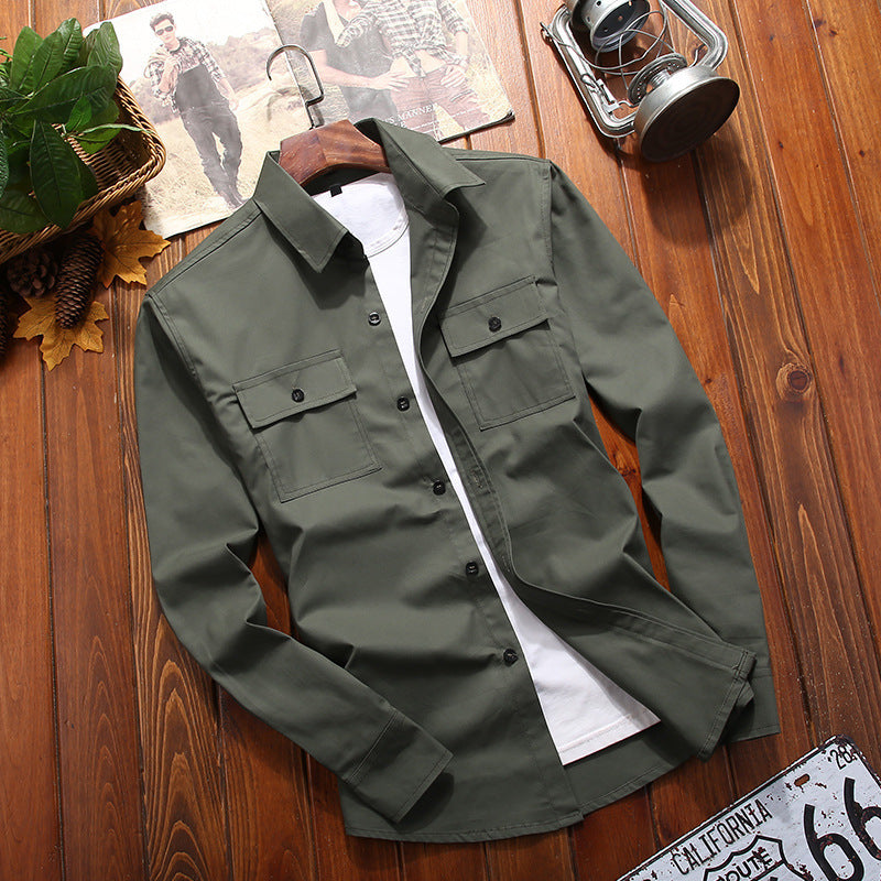 Men's Cotton Utility Shirt Jacket with Chest Flap Pockets and Shirt Collar Chichicherry