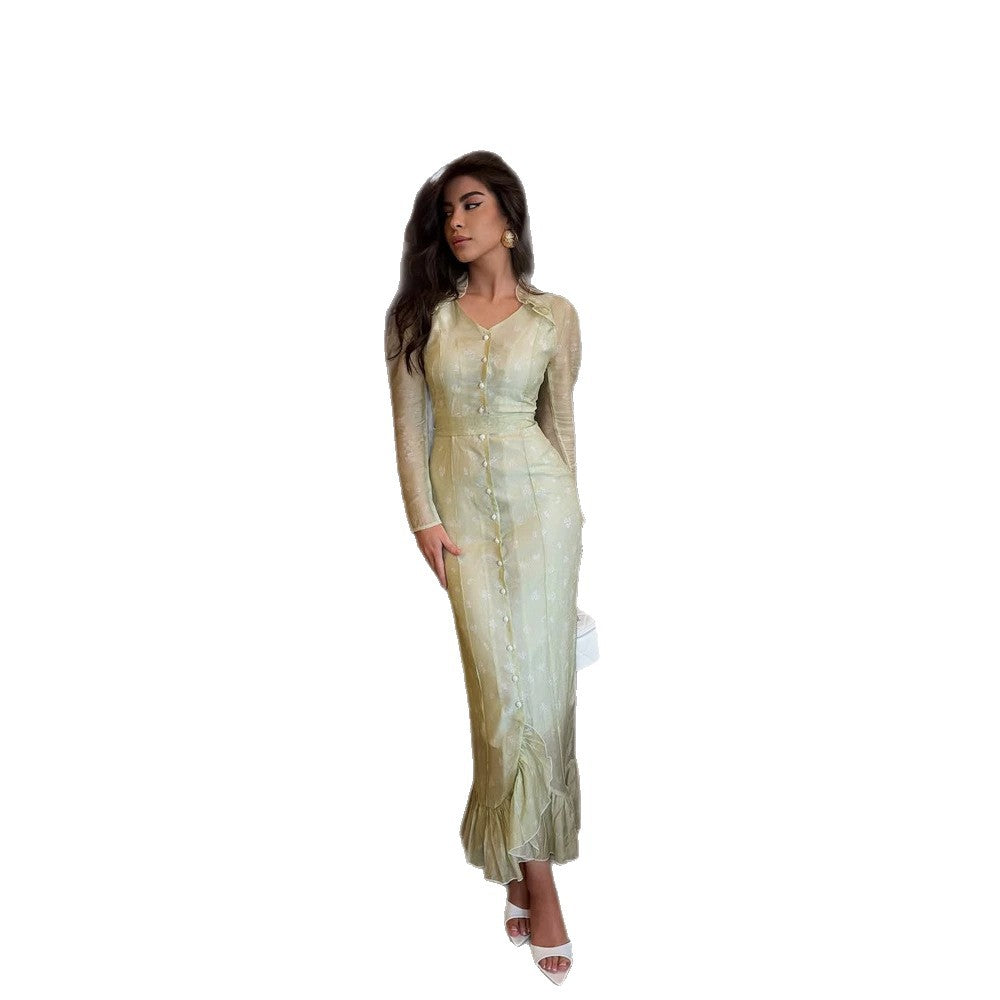 Women Elegant Maxi Dress with Continuous Button Placket, Tailored Silhouette and Ruffle Hem Chichicherry