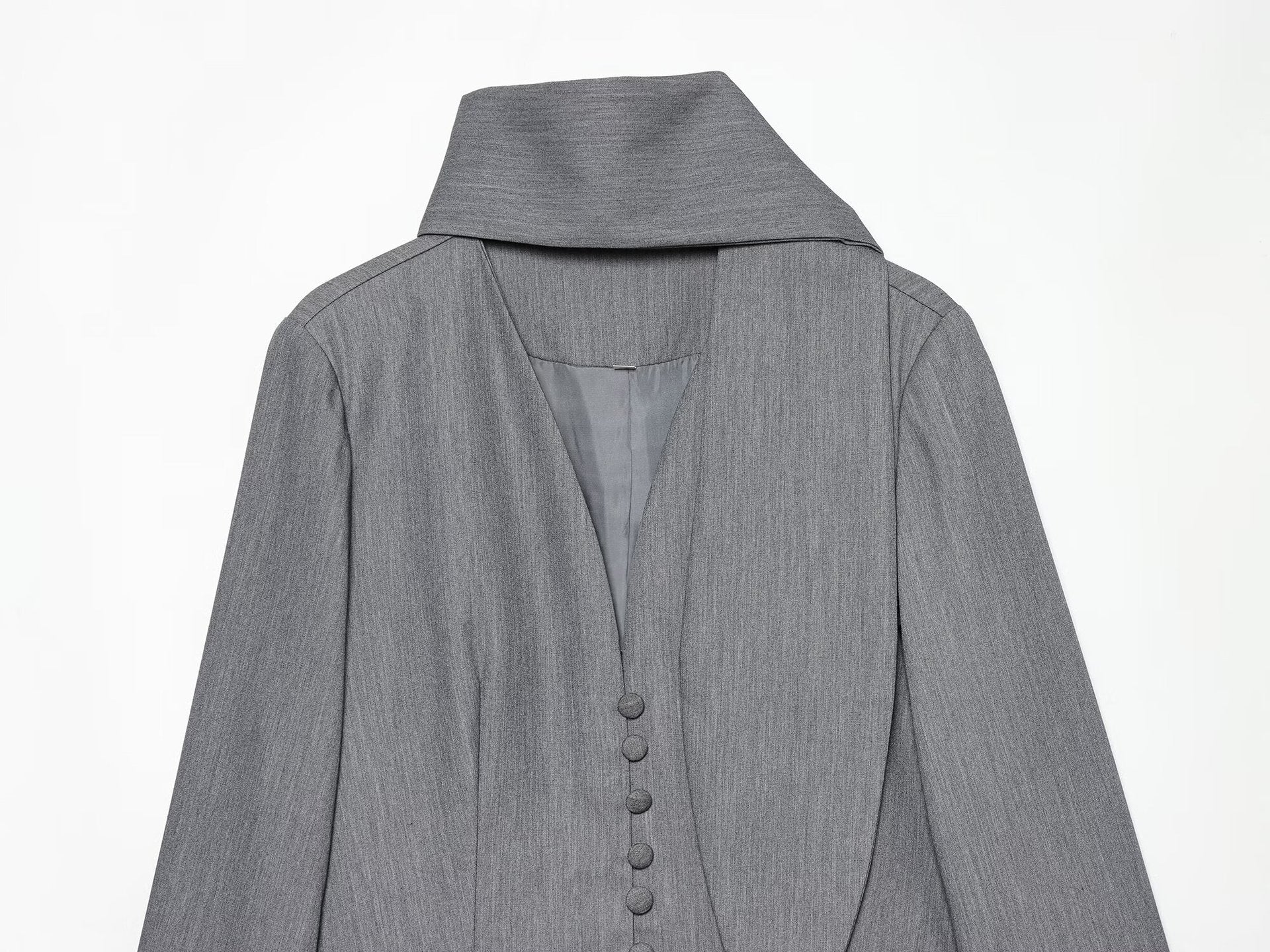 Women's Elegant Longline Blazer with High Funnel Collar and Overlapping Fabric Buttons Chichicherry