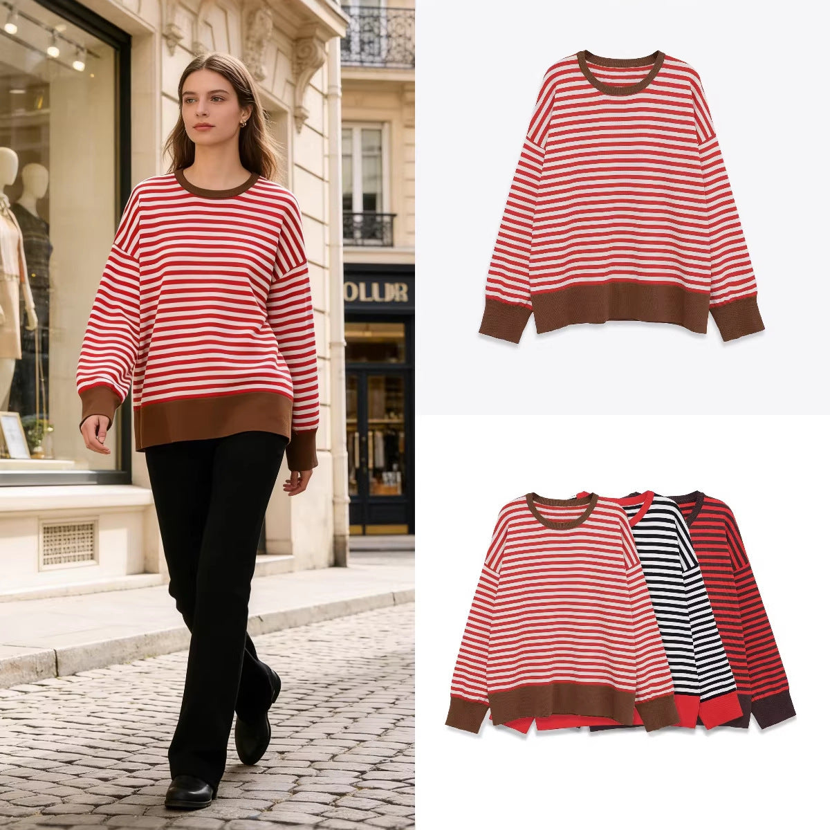Women's Striped Oversized Sweater with Contrast Cuffs Chichicherry