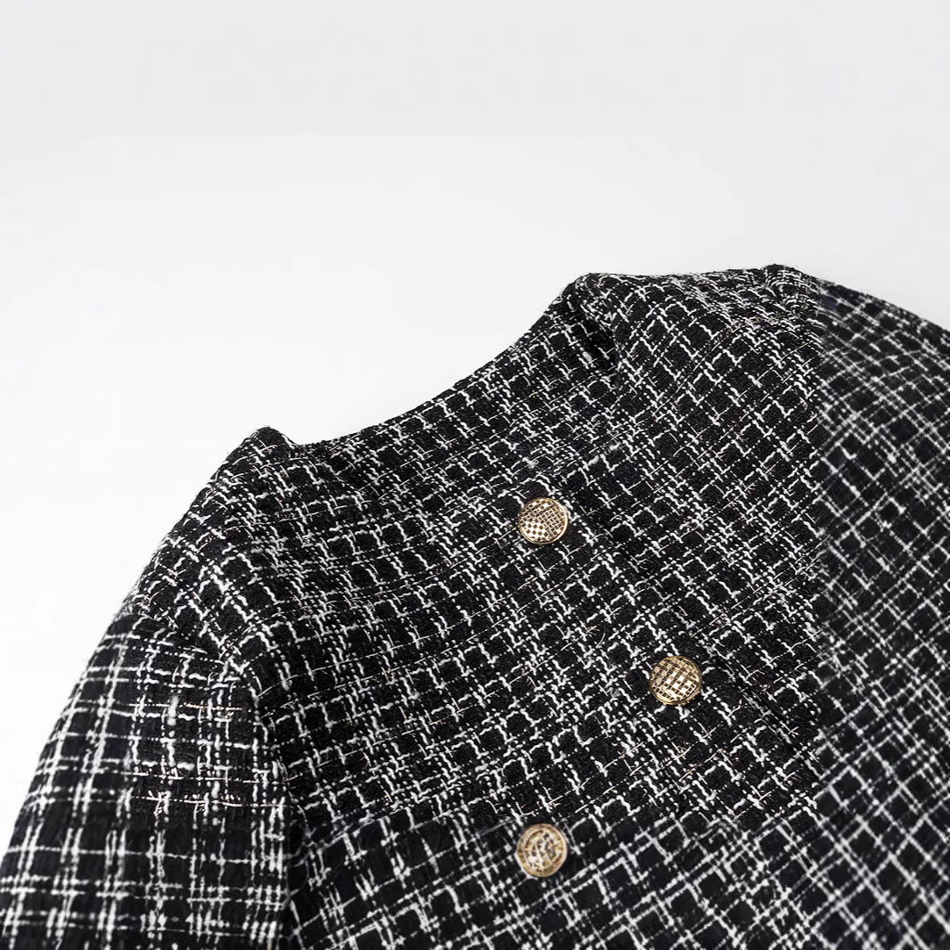 Women Boucle Tweed Jacket with Decorative Buttons and Boxy Cropped Silhouette Chichicherry
