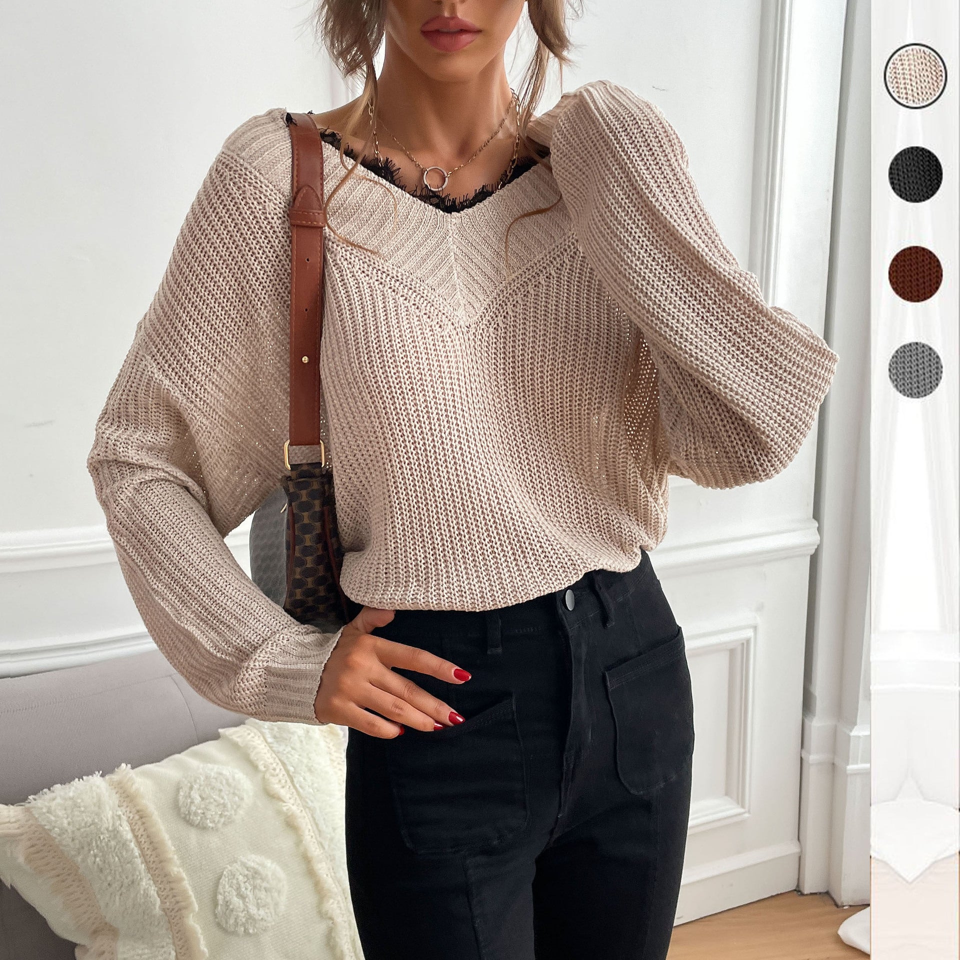 Women Oversize V-Neck Structured Knit Sweater with Dropped Shoulder and Loose Silhouette Chichicherry