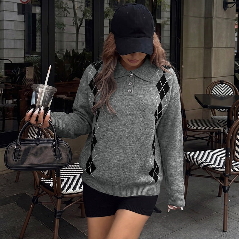 Women's Casual Argyle Polo Knit Sweater with Polo Collar and Button Placket Chichicherry