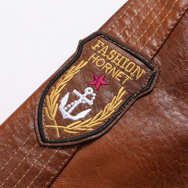 Men's Faux Leather Pilot Jacket in Military Look with Shoulder Flaps, Ribbed Cuffs, and Patch Applications Chichicherry