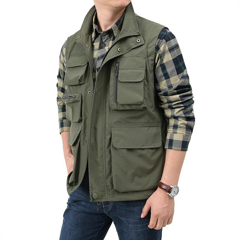 Men's Multi-Pocket Utility Vest with High Stand Collar and Practical Zipper Closure