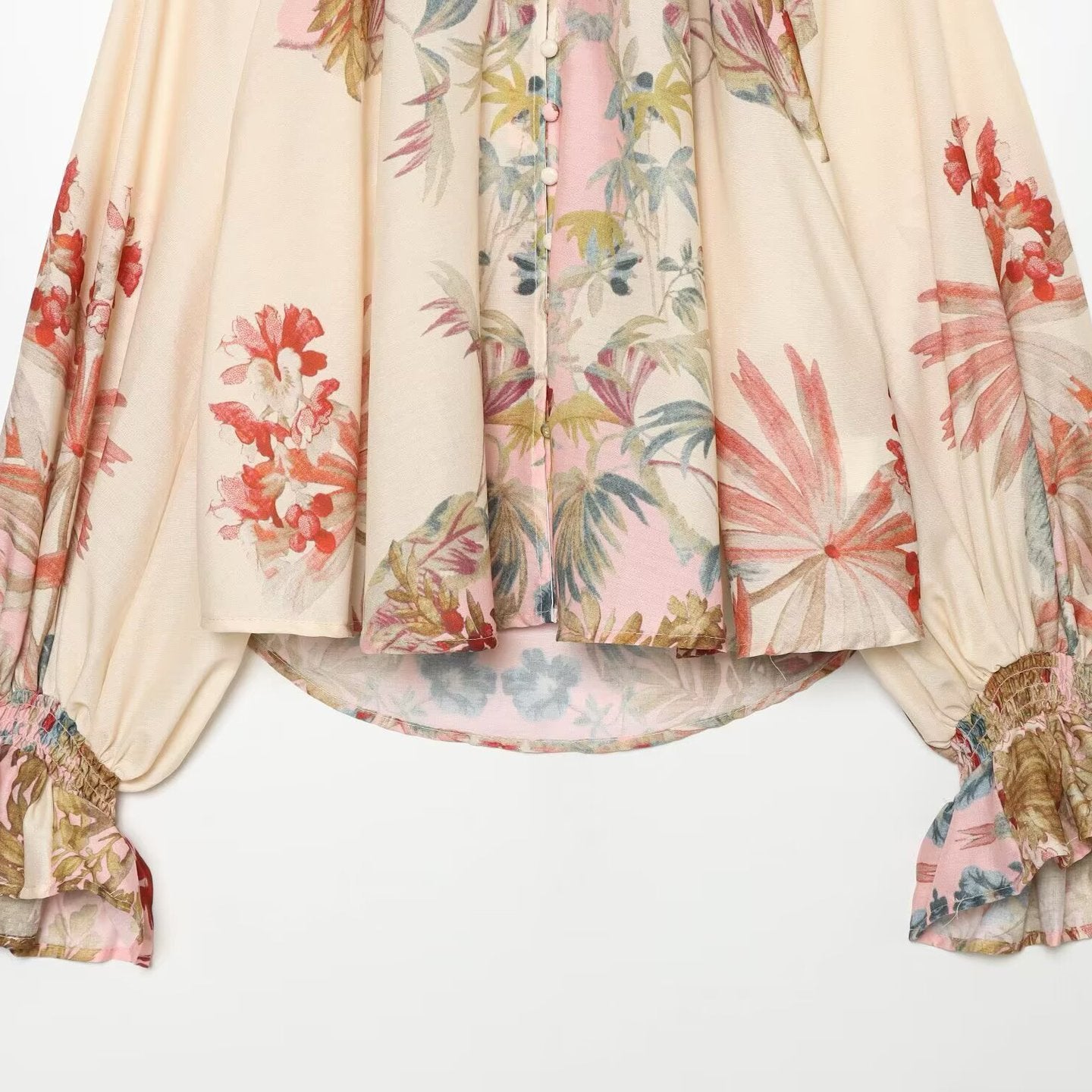 Women's Flowing Silk-like Blouse with Ruffle Collar, Button Placket and Balloon Sleeves Chichicherry
