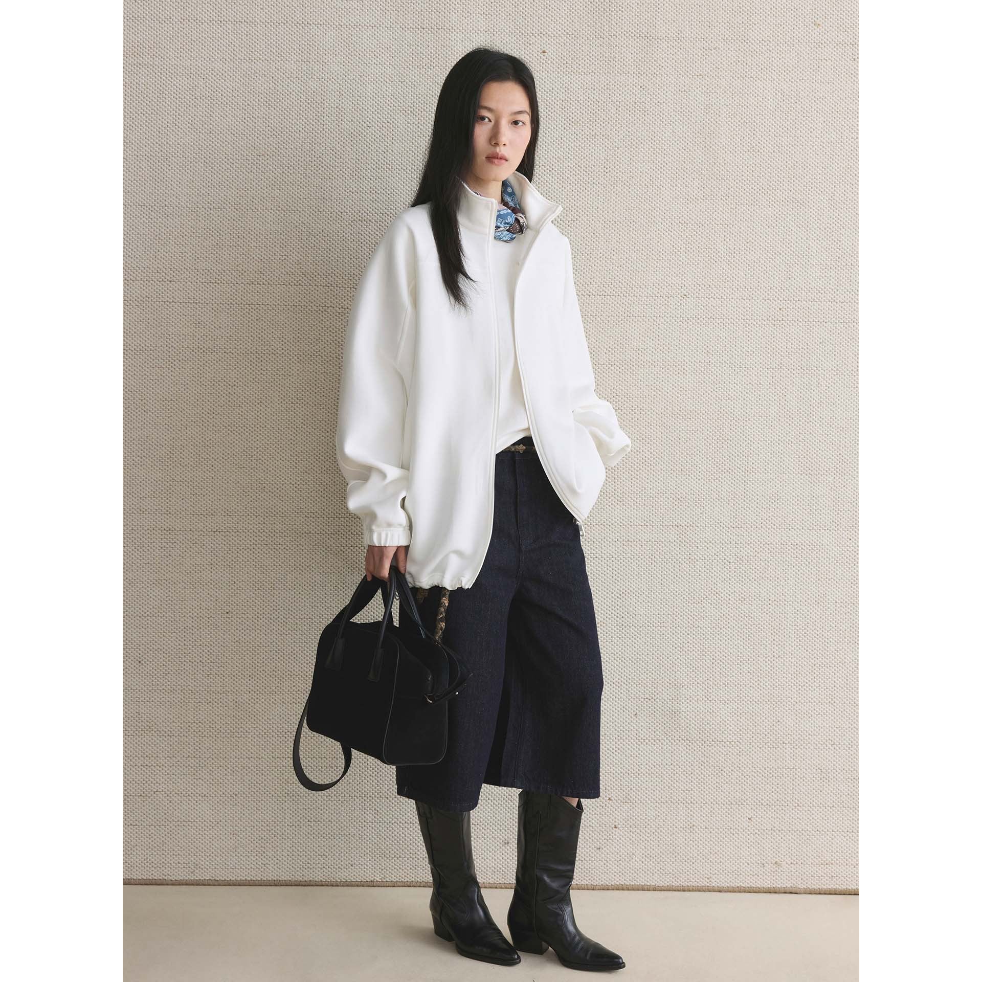 Women Oversize Zip Sweat Jacket with Stand Collar and Balloon Sleeves Chichicherry