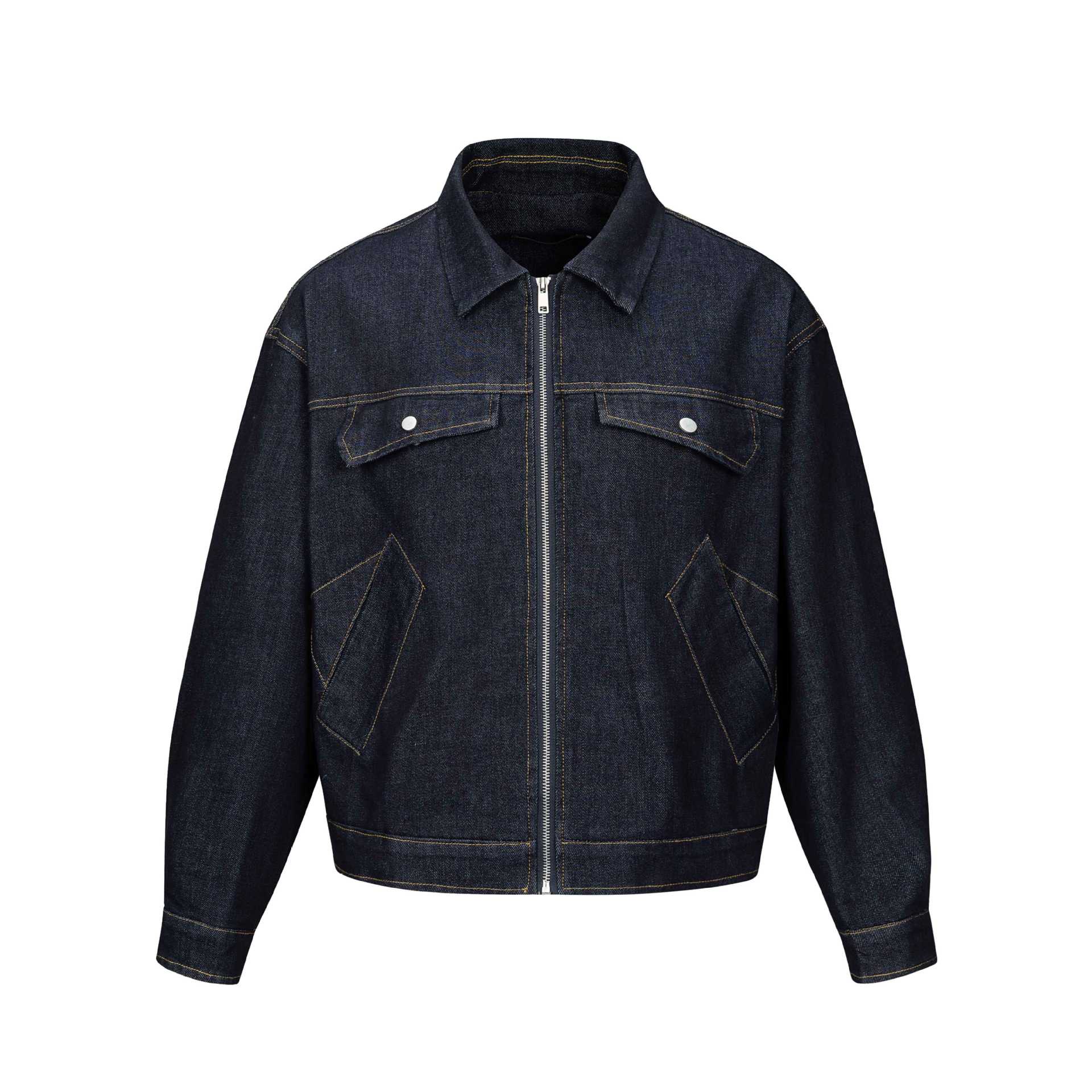 Unisex Tailored Denim Jacket with Metal Zipper and Flap Pockets Chichicherry