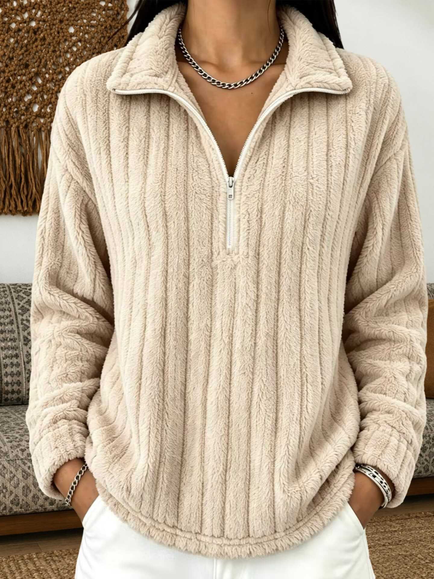 Women's Cozy Plush Half-Zip Pullover with Stand-Up Collar Chichicherry