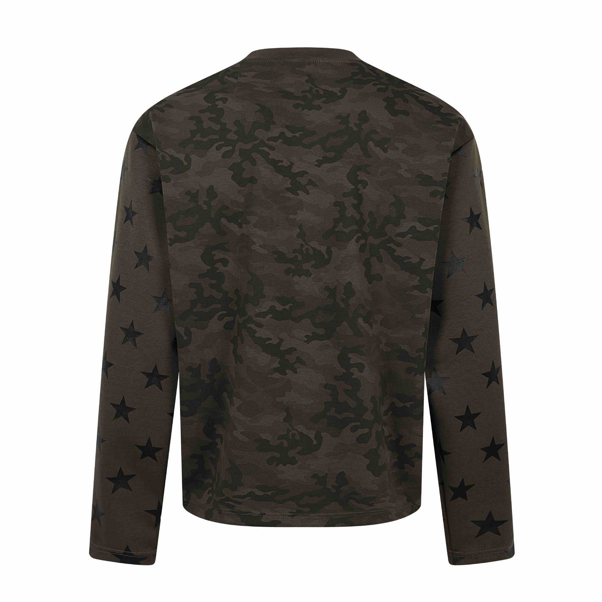 Unisex Oversize Sweatshirt with camouflage print, star sleeve appliqué and large metallic print Chichicherry