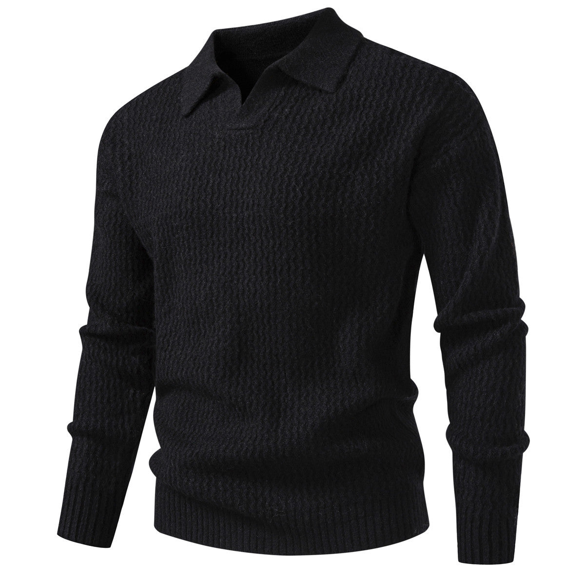 Men's polo collar fine knit sweater with textured wave design and ribbed hem Chichicherry
